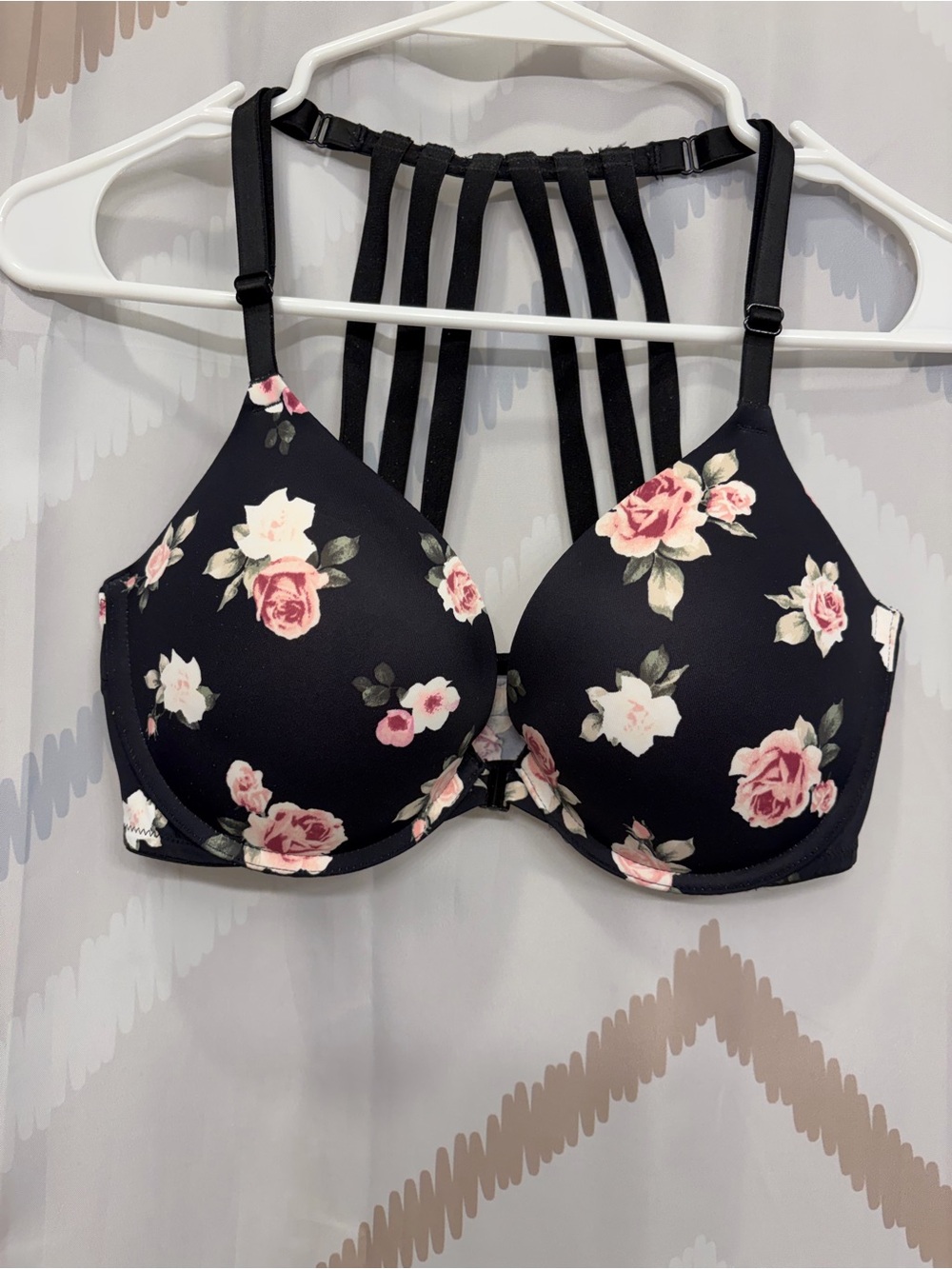 Floral Strappy Back Push-Up Bra - Black with Pink Roses - Picture 5 of 5